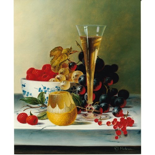 Still Life with Champagne and Fruit on Marble